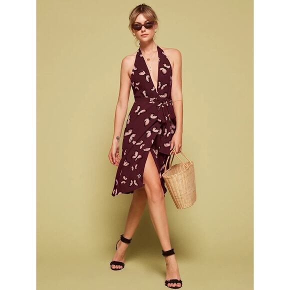 Reformation Johnson Dress Wrap Halter Tie Butterfly Print Burgundy Women's Large - Picture 15 of 15